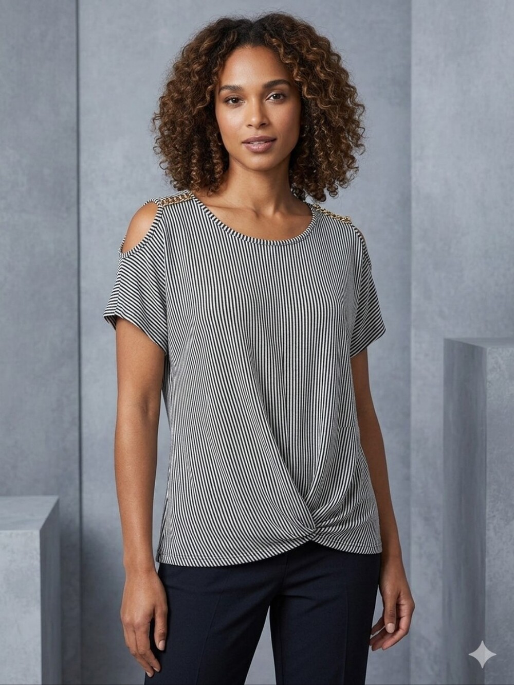 Ava James Cold-Shoulder Striped Twist Front Top - Black & White, Size XL